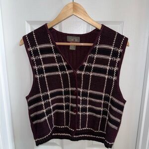Preppy Sweater Vest Button Up Womens M Plaid Burgundy Academia School Girl Soft